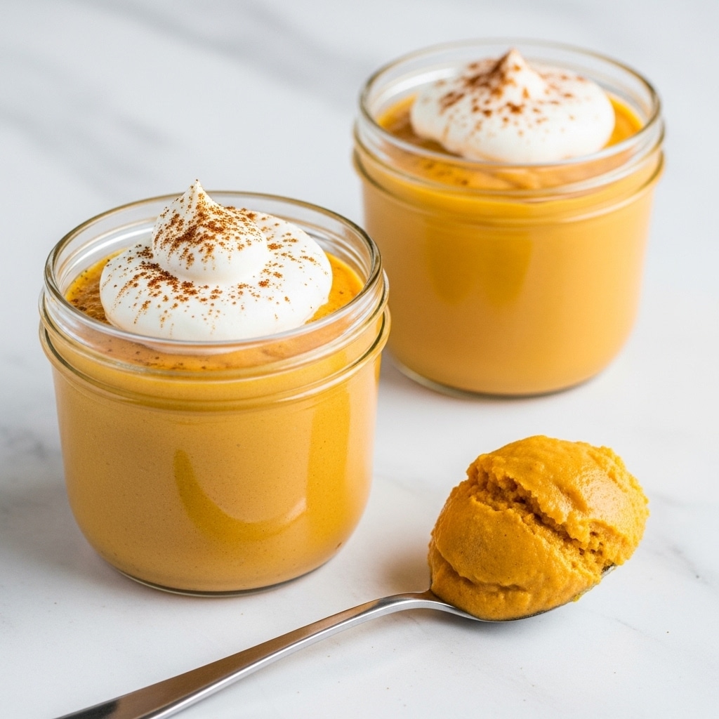 Two glass jars each contain a smooth, creamy orange-colored pudding base that fills most of the jar. Each jar has a generous dollop of white whipped cream sitting on top, lightly sprinkled with fine brown spice powder. One jar has a silver spoon next to it, holding a large scoop of the same orange pudding, which looks thick and velvety. The background is a white marbled texture. photo taken with an iphone --ar 4:5 --v 7