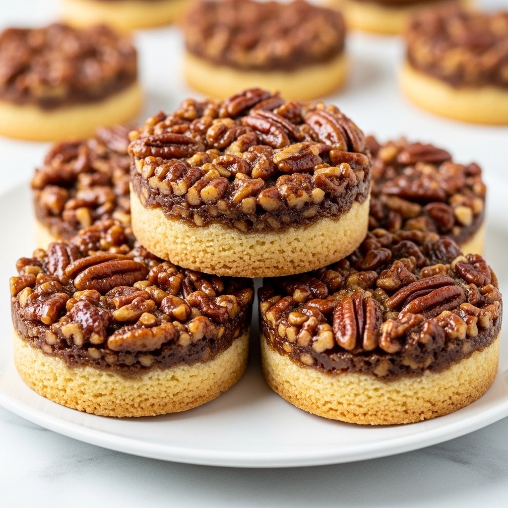 A white plate holds a pile of round pecan tarts with a golden brown crust. Each tart has two clear layers: the bottom layer is a smooth, light tan pastry crust, and the top layer is a shiny, caramel-like filling packed thickly with chopped and whole pecan pieces, rich reddish-brown in color. One tart is placed resting against the pile, showing its crisp crust and the dense nut topping. The background features autumn-themed decorations with pinecones and autumn leaves on a white marbled surface. photo taken with an iphone --ar 4:5 --v 7