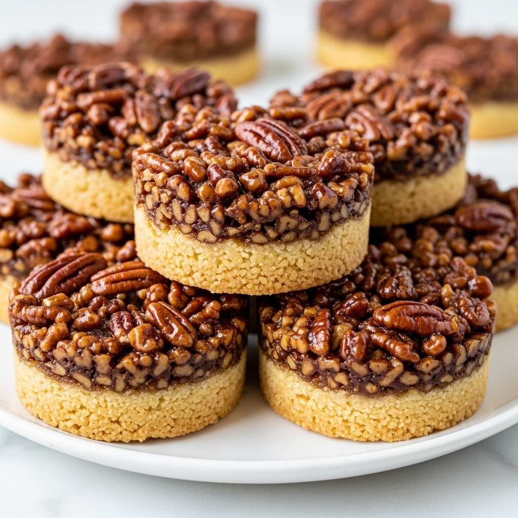 A stack of round pecan tarts is shown on a white plate placed on a white marbled surface. Each tart has two distinct layers: a golden, crumbly crust forming the thick bottom layer, and a glossy, rich brown top layer densely covered with chopped pecans that look sticky and caramelized. The tarts appear moist and chewy with a slightly shiny texture on the pecans. In the background, more pecan tarts are slightly out of focus, adding depth to the image. photo taken with an iphone --ar 4:5 --v 7