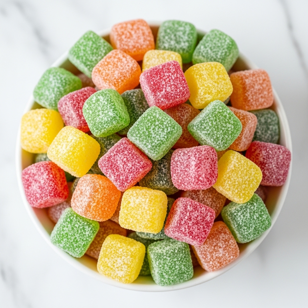 This image shows a white bowl filled with many small, square gumdrops in bright colors like red, green, yellow, orange, and pink. The gumdrops have a sugar coating that gives them a slightly frosted look. They are piled high in the bowl, with some pieces leaning against each other, showing their rounded edges and soft texture. The background has a white marbled texture and the lighting makes the gumdrops appear shiny and fresh. Photo taken with an iphone --ar 4:5 --v 7