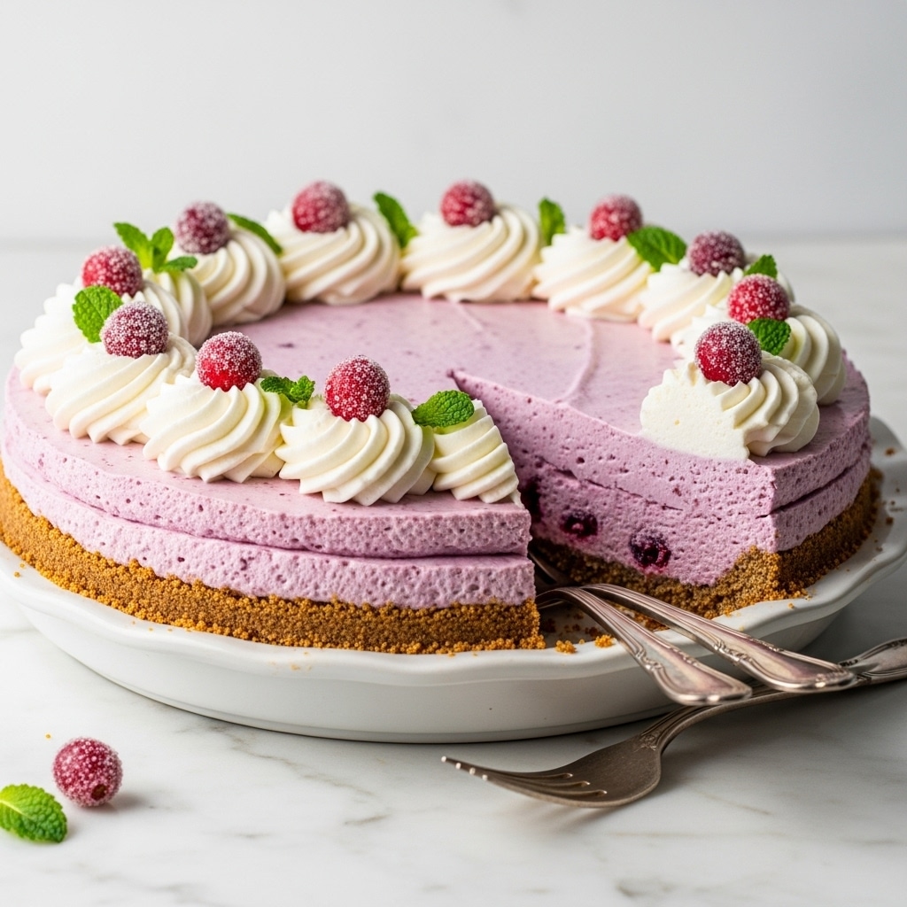 The image shows a pie with three layers sitting on a white marbled surface. The bottom layer is a thick, crumbly brown crust forming the base and edges. Above the crust, there is a thick, creamy layer of light purple filling with a smooth texture, some specks showing inside. The top layer is a swirl of white whipped cream piped around the edges in a decorative way. On top of the whipped cream, small sugared cranberries and tiny green mint leaves are placed at regular intervals. The pie is in a white dish with a scalloped edge, and two silver forks rest inside the dish next to a partially cut slice. Photo taken with an iphone --ar 4:5 --v 7