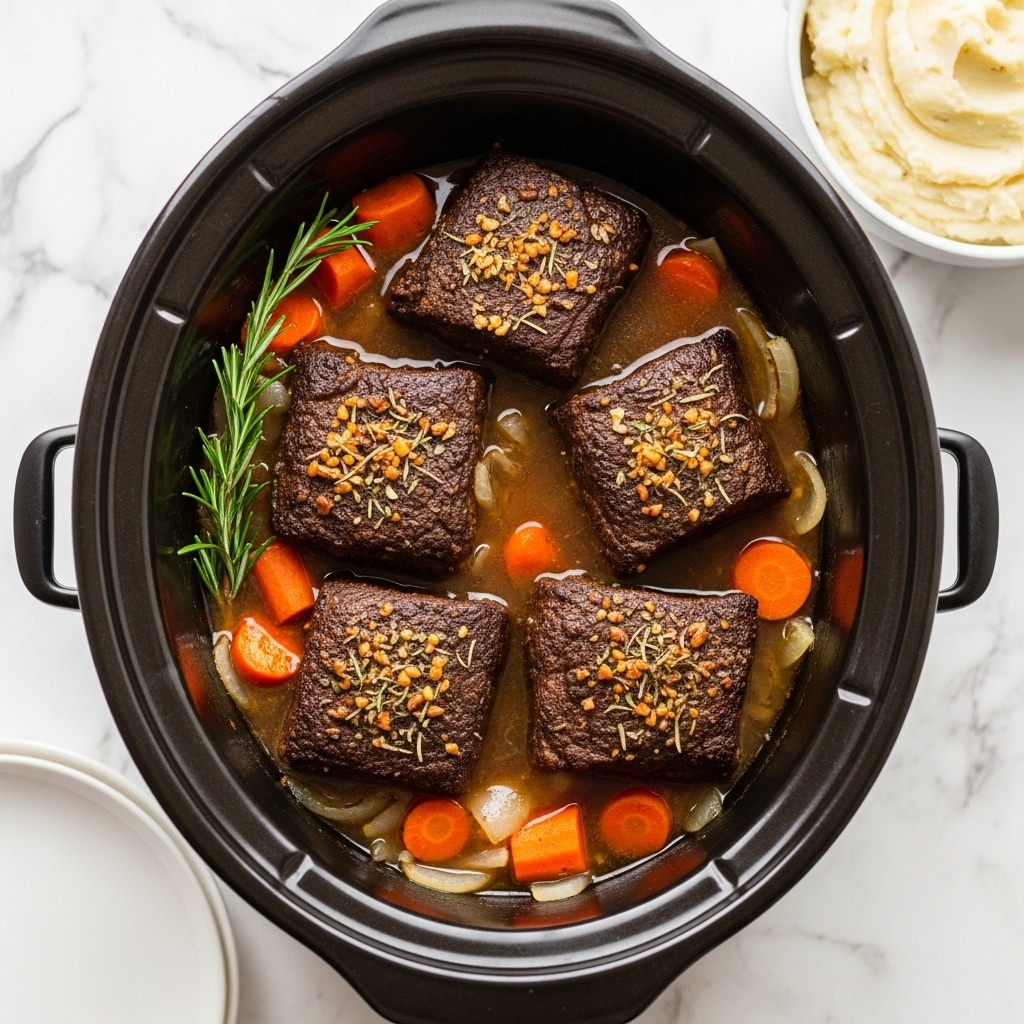 A black slow cooker holds four thick pieces of dark brown, well-cooked pot roast with a slightly crispy texture on top, each sprinkled with small bits of garlic and herbs. Surrounding the meat are large, soft chunks of orange carrots and translucent pieces of cooked onions mixed in a thin, rich brown broth. A fresh green rosemary sprig rests on one side near the edge. The slow cooker sits on a white marbled surface with part of a white plate at the bottom left and a white bowl of mashed potatoes at the top right. photo taken with an iphone --ar 4:5 --v 7
