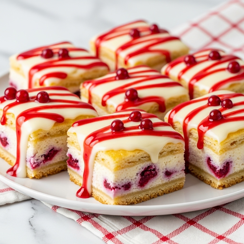 The image shows a plate of six rectangular pastry slices arranged in two rows on a round white plate with a rustic edge. Each pastry slice has a golden-brown bottom crust, a thick light beige filling with visible red berry pieces inside, and a golden lattice crust on top. Thick white icing drips down the sides of each slice, topped with a thin red drizzle and small round red decorations. The plate sits on a white marbled surface with a red and white striped cloth nearby, and blurred red ornaments in the background. Photo taken with an iphone --ar 4:5 --v 7