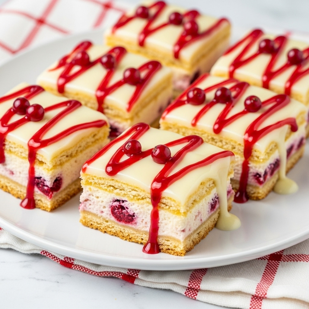 The image shows a close-up of six rectangular pieces of a layered pastry on a white plate. Each piece has a golden-brown crust base, topped with a layer of light-colored filling mixed with red berries visible inside. On top of the filling, there is a golden pastry layer, covered with thick white icing that drips down the sides. Bright red berry sauce is drizzled in lines across each piece, with small red berries scattered on the icing. The plate rests on a white marbled surface with a red and white checkered cloth partially visible nearby. Photo taken with an iphone --ar 4:5 --v 7