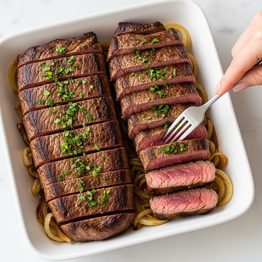 The image shows a white rectangular dish with a large piece of cooked meat sliced into several even rectangular pieces arranged in two rows. The meat is well-cooked with a slightly pink inside and a brown, seared outside that looks juicy. Small chopped green herbs are sprinkled all over the meat, adding a fresh touch. On one side, a woman's hand with a fork is about to pick a slice, and beneath the meat, there are parts of cooked onions peeking through. The dish is placed on a white marbled surface. photo taken with an iphone --ar 4:5 --v 7