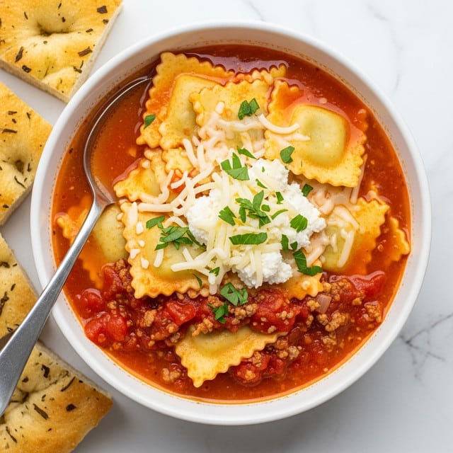 A white bowl is filled with rich, thick lasagna soup showing about three layers of ingredients: the bottom layer is a chunky red tomato sauce with ground meat, the middle layer has wide, wavy-edged pasta pieces mixed in, and the top layer has a dollop of white ricotta cheese with grated mozzarella and a sprinkle of green parsley. A silver spoon rests on the right side inside the bowl. Around the bowl are four square pieces of golden brown focaccia bread on a white marbled surface. The whole scene looks warm and comforting, photo taken with an iphone --ar 4:5 --v 7