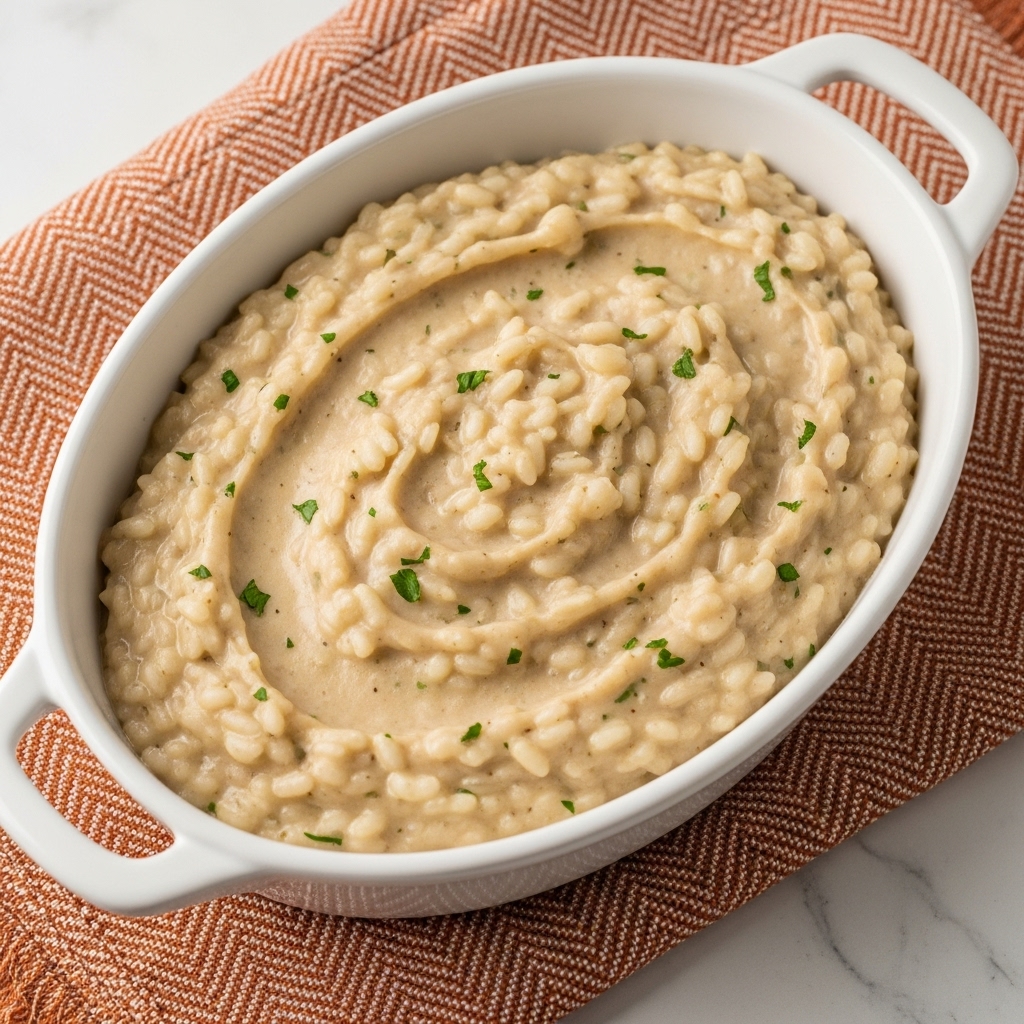 A close-up view of creamy risotto served in a white oval dish with two handles, filled to the top with soft, plump grains of rice in a light beige sauce. The texture is thick and smooth with a slight swirl pattern on top, garnished with small bits of green herbs scattered throughout. The dish rests on a rust-colored textured cloth with white chevron stripes, all set against a white marbled surface. Photo taken with an iphone --ar 4:5 --v 7