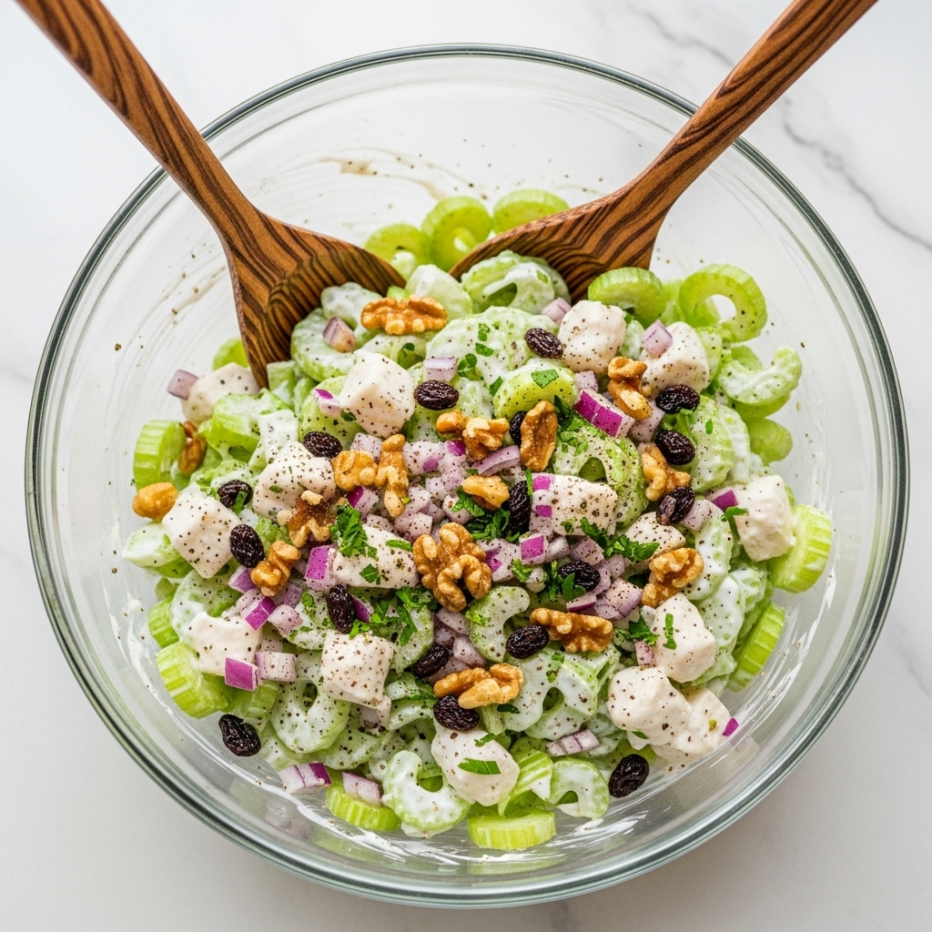 A clear glass bowl filled with a creamy celery salad, showing about four layers of thinly sliced green celery, small chunks of white dressing coating the celery, and scattered pieces of dark raisins and light brown walnuts throughout. There are small cubes of bright purple onion mixed evenly, with a dusting of black pepper and finely chopped green herbs on top. Two wooden spoons with swirling wood grain rest inside the bowl, partially covered by the salad. The bowl sits on a white marbled surface with soft lighting highlighting the fresh and textured ingredients. Photo taken with an iphone --ar 4:5 --v 7
