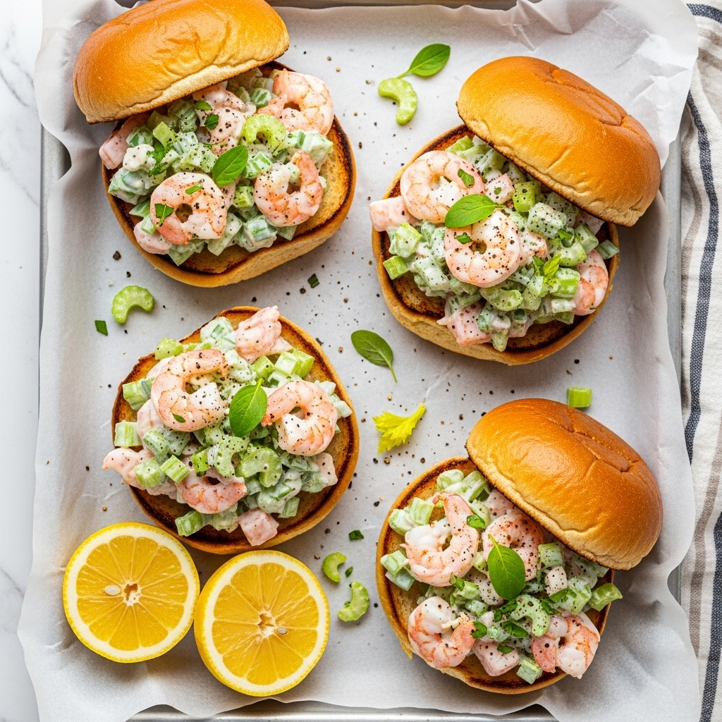 Four toasted sandwich buns are open-faced, each filled with chunky shrimp salad mixed with creamy dressing, chopped celery, and fresh green herbs. The buns are golden-brown and slightly crisp, with the shrimp salad spilling over the edges, showing pink shrimp pieces and bright green celery bits. The surface beneath is lined with parchment paper on a baking tray, beside two half lemons that add a touch of yellow. Small black specks of pepper and fresh herb leaves sprinkle over the sandwiches, giving a fresh and seasoned look. The scene is set on a white marbled texture, with part of a striped cloth visible on the side. photo taken with an iphone --ar 4:5 --v 7