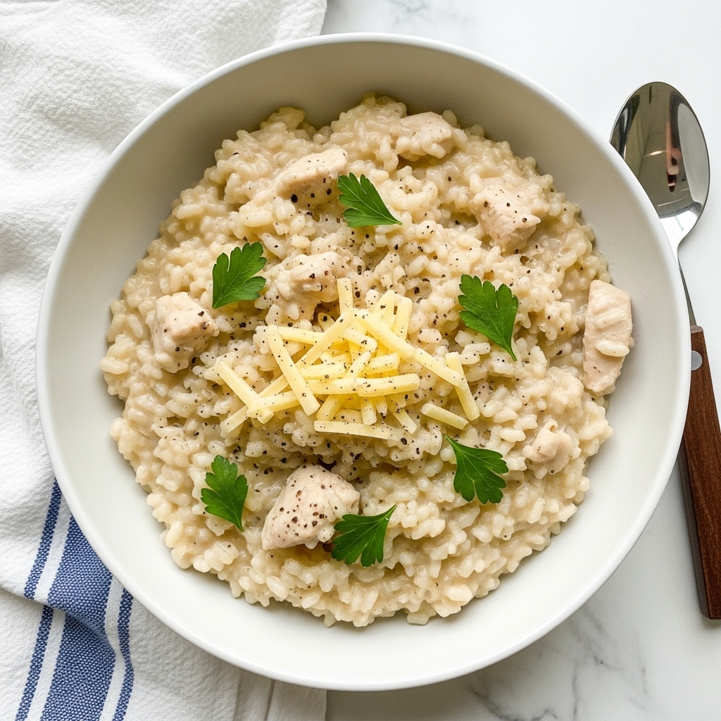 A white bowl filled with creamy risotto that has a soft, slightly thick texture with small grains of rice clearly visible. Mixed within the risotto are tender pieces of light beige chicken. The top is sprinkled with thin shreds of pale yellow cheese and small green parsley leaves, adding a fresh touch. There are also tiny dots of black pepper scattered on the surface. The bowl sits on a white marbled surface partially covered by a white cloth with blue stripes, next to a spoon with a dark brown handle. Photo taken with an iphone --ar 4:5 --v 7