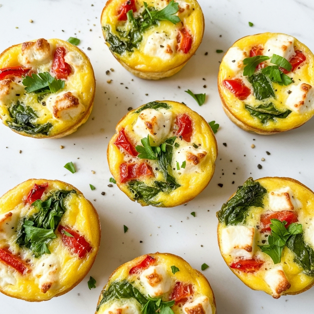 The image shows six mini egg muffins arranged on a white marbled surface, each muffin small and round with a golden-yellow egg base. The muffins have visible layers and spots of white cheese, red bits of roasted peppers, and small pieces of green herbs and leafy vegetables mixed throughout, creating a varied texture and color. The tops of the muffins are slightly browned and sprinkled with green parsley for freshness. Tiny black pepper flakes are scattered lightly on the surface around them for added detail. Photo taken with an iphone --ar 4:5 --v 7