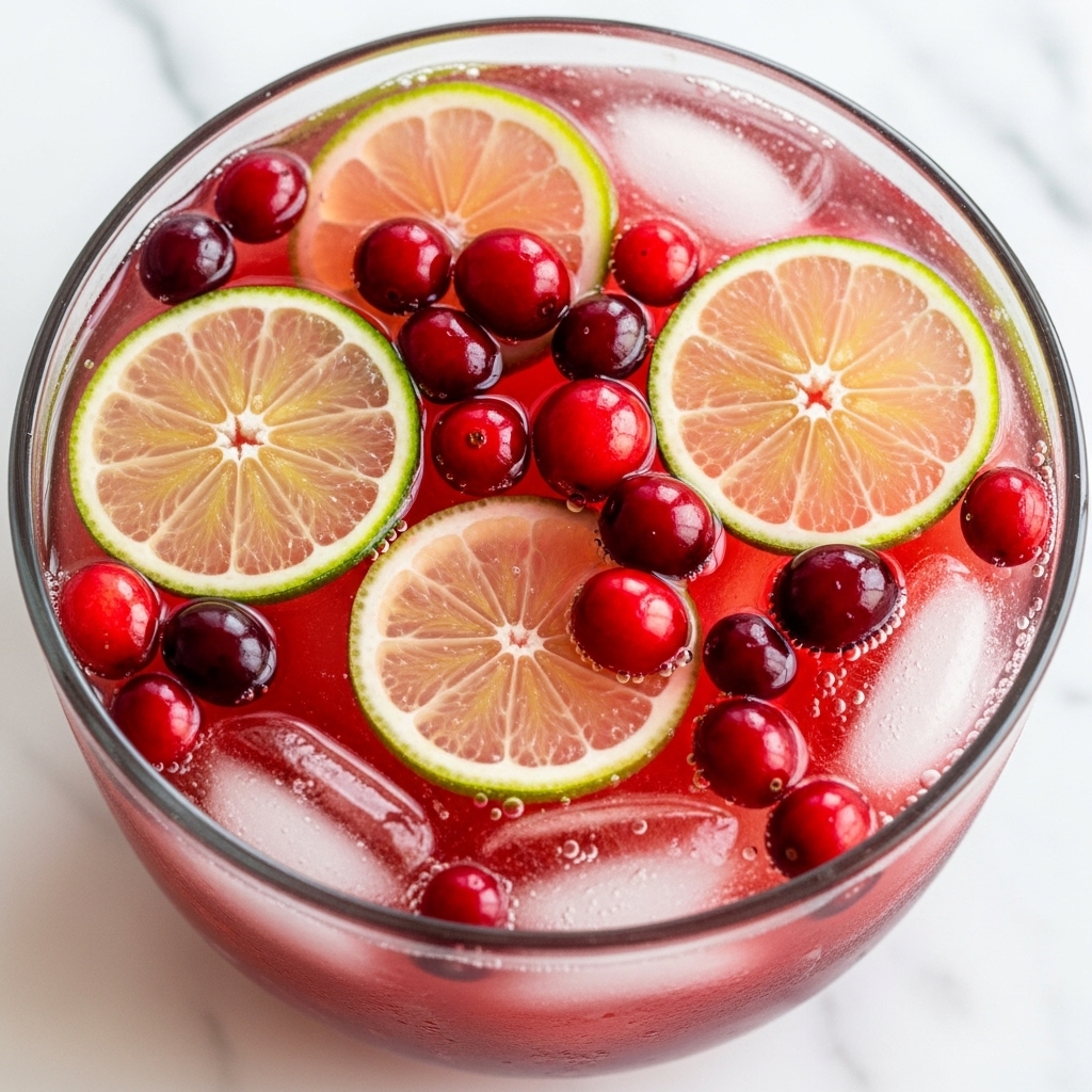 A close-up view of a clear glass bowl filled with a red drink layered with ice cubes, thin round slices of green lime floating on the top, and scattered bright red cranberries throughout, all floating in the liquid. The bowl is set on a white marbled surface, and the drink looks fresh and cold with small bubbles around the edges. Photo taken with an iphone --ar 4:5 --v 7