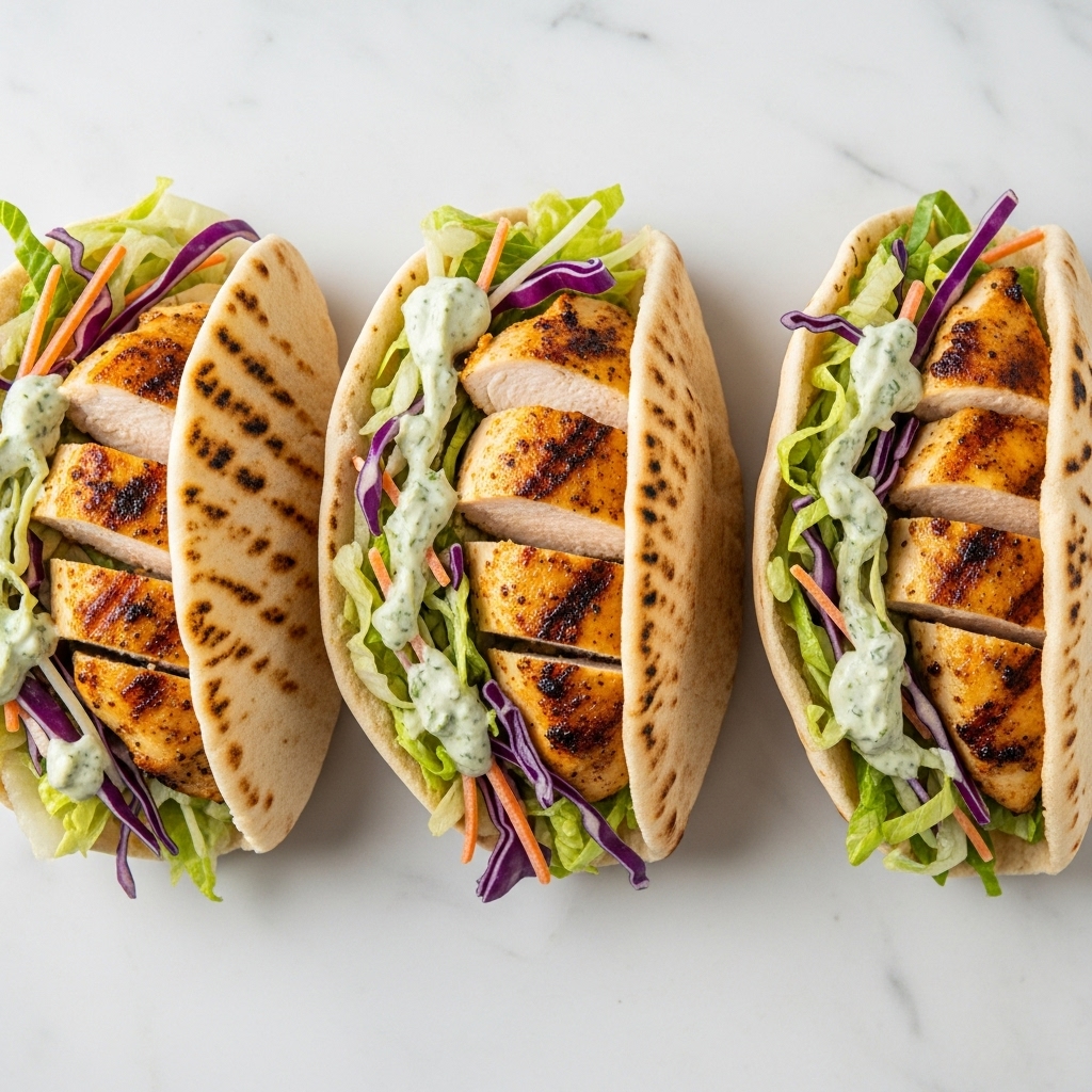 Three pita wraps are placed side by side on a white marbled surface. Each pita is soft with golden brown toasted marks on the outside. Inside, there are several pieces of grilled chicken with a golden, slightly charred crust and tender white meat visible where they are cut. Underneath the chicken is a thick layer of shredded lettuce mixed with thin strands of purple cabbage and small orange carrot bits, all covered in a creamy green herb sauce that looks smooth and rich. The filling is generously packed, making the pita appear full and inviting. Photo taken with an iphone --ar 4:5 --v 7