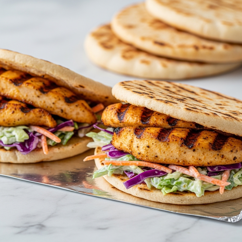 Two grilled chicken pita sandwiches sit side by side on a shiny white foil in focus. Each sandwich is made with a warm, slightly charred pita folded to hold thick pieces of golden-brown grilled chicken on the top layer. Beneath the chicken is a creamy coleslaw layer with finely shredded green and purple cabbage and thin orange carrot strips mixed with white sauce, giving a fresh, textured look. The background shows more pitas stacked behind, all placed on a white marbled surface. photo taken with an iphone --ar 4:5 --v 7