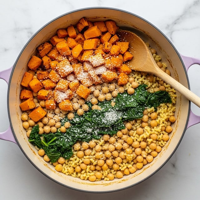 A large round lavender pot filled with a mixed dish showing several layers: the base layer is small yellowish pasta mixed throughout, scattered with light beige chickpeas and dark green leafy vegetables, topped with bright orange chunks of roasted squash, and sprinkled finely with white grated cheese. A wooden spoon rests on the right side inside the pot. The pot sits on a white marbled surface. photo taken with an iphone --ar 4:5 --v 7