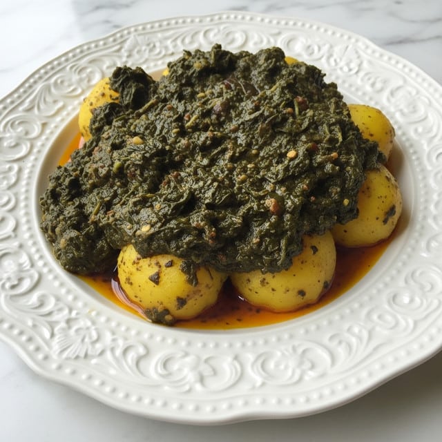 A white ornate plate holds a dish with a thick, dark greenish-black sauce mixed with cooked leafy greens. Beneath the sauce, round, soft yellow pieces, possibly boiled potatoes, are visible, partly covered but clearly layered under the greens. The glossy texture of the sauce shows small bits of spices and herbs, with some oil giving a slight shine. The plate rests on a white marbled surface with a soft light highlighting the rich, hearty texture of the food. photo taken with an iphone --ar 4:5 --v 7