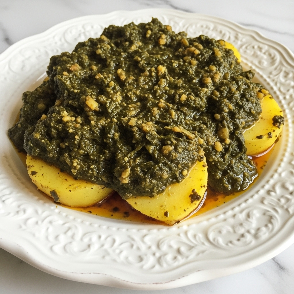 The image shows a white decorative plate filled with a rich, dark green stew that has a thick, leafy texture covering large, soft yellow chunks of cooked potatoes. The stew appears moist with a shiny surface from the oil, pooling slightly around the edges of the plate. Above this, there is a separate white plate holding folded light golden flatbreads with a soft, slightly bubbled texture. The setting is on a dark wooden table partially covered with a piece of rough brown fabric, and two forks rest nearby. A lime is partially visible beside the plates. The photo taken with an iphone --ar 4:5 --v 7