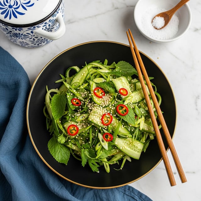 A black bowl with a gold rim holds a mix of thinly sliced green vegetables, including cucumber strips, green onions, and leafy herbs, topped with small red chili slices and sesame seeds scattered on top; two brown wooden chopsticks rest on the bowl's edge, placed on a blue cloth on a white marbled surface, with a white and blue patterned pot and a white bowl with coarse salt and a small wooden spoon nearby, photo taken with an iphone --ar 4:5 --v 7