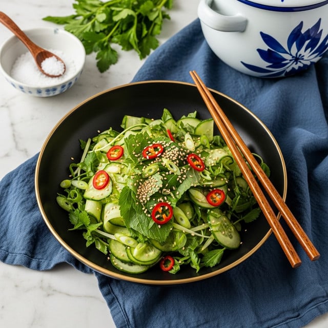 The image shows a fresh green salad made mainly of thin green cucumber strips and leafy cilantro pieces scattered throughout. Thin slices of green chili pepper add a sharper tone, while small red chili ring slices are sprinkled on top, adding a pop of bright color. Light brown sesame seeds are lightly scattered across the salad, giving texture and subtle contrast. The salad appears moist and vibrant, with a mix of soft and crunchy textures, all presented on a white marbled background. photo taken with an iphone --ar 4:5 --v 7