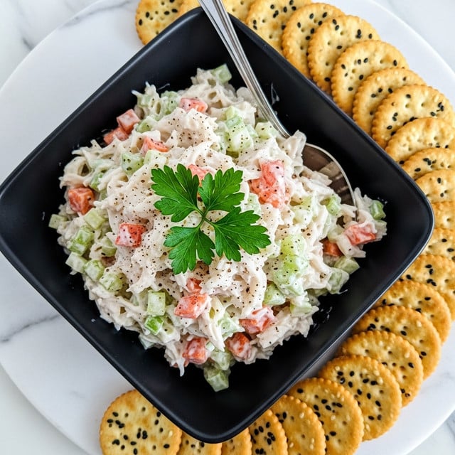 A close-up view of a square dark bowl filled with creamy crab salad, showing layers of white shredded crab meat mixed with small pieces of light green celery and orange carrot, all coated in a light creamy dressing with specks of black pepper. On top, there is a fresh green parsley garnish. The bowl sits on a white marbled surface, next to a neat line of round light brown crackers with black sesame seeds. A silver spoon is partially visible inside the salad. photo taken with an iphone --ar 4:5 --v 7