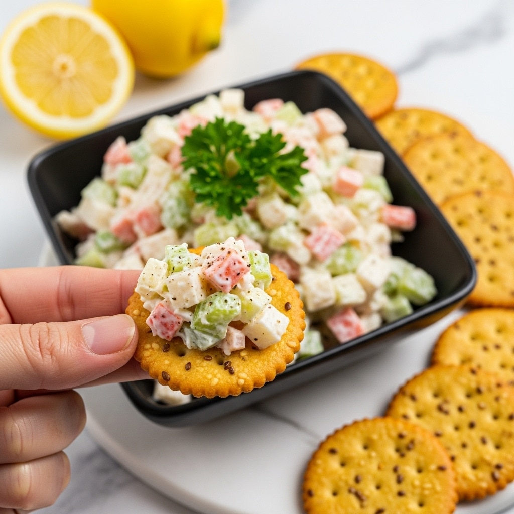 A close-up image shows a woman's hand holding a round, golden cracker speckled with seeds, topped with a creamy salad mix of finely chopped white, green, and orange pieces, likely crab, celery, and carrot, all lightly speckled with black pepper. In the background, a square black dish is filled with more of the same salad, garnished with fresh green parsley. Yellow lemon halves sit on a white marbled surface to the left, and more crackers lie to the right, partially out of focus. The photo taken with an iphone --ar 4:5 --v 7