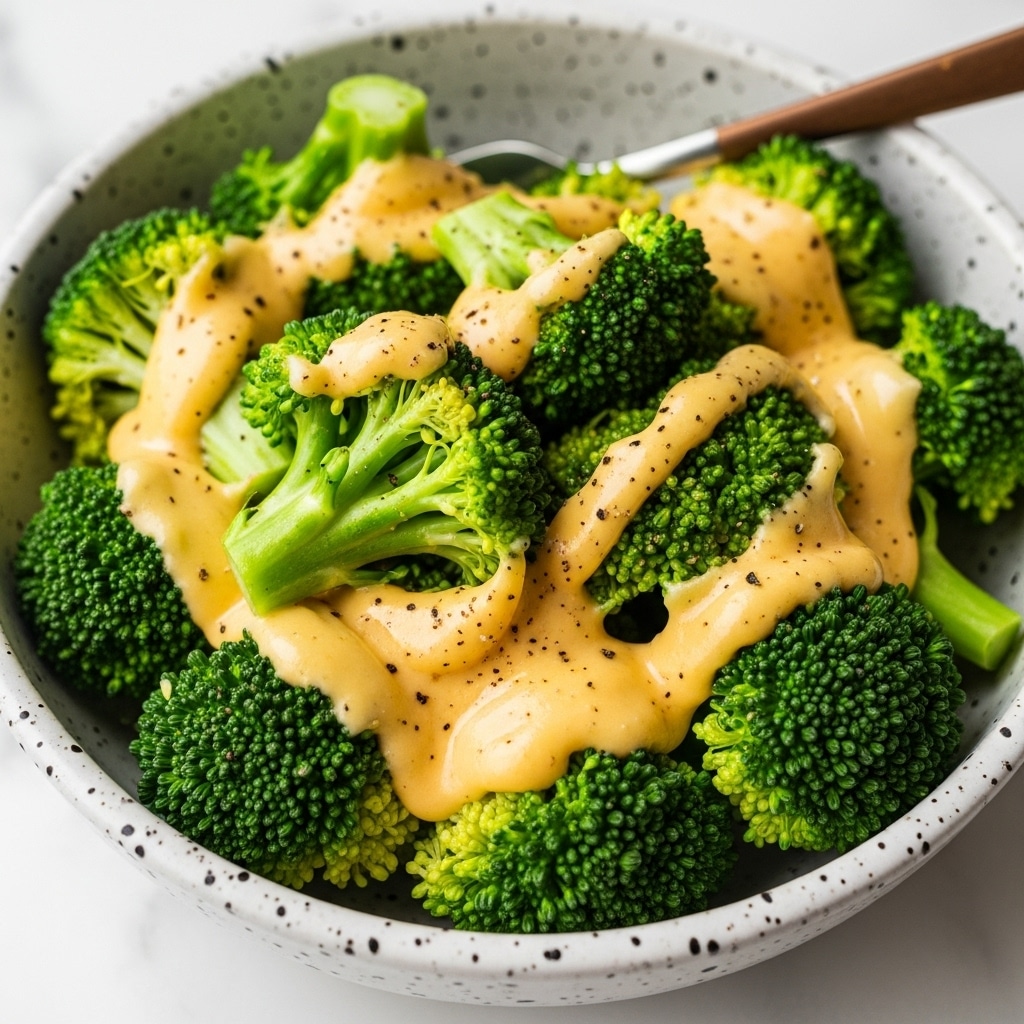 The image shows a bowl filled with bright green broccoli florets covered in a creamy, light yellow cheese sauce with visible specks of black pepper sprinkled on top. The broccoli pieces are medium-sized and sit closely packed in the bowl, which is white with brown speckles. A silver fork rests inside the bowl, partly covered by the broccoli and sauce. The bowl is placed on a white marbled surface that has a soft and clean look. The creamy sauce lightly coats the broccoli, giving a smooth texture contrast to the broccoli’s rough surface. photo taken with an iphone --ar 4:5 --v 7