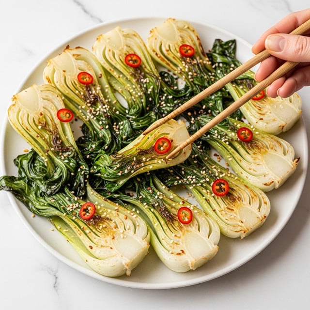 A white plate filled with cooked baby bok choy pieces arranged close together, each piece showing layers of pale green and white stems with darker green wilted leaves on top. The bok choy has a shiny, caramelized surface with some charred edges in dark brown and black. White sesame seeds and red chili flakes are sprinkled over the vegetables. A pair of light brown wooden chopsticks held by a woman's hand is picking up one piece. The dish is set on a white marbled surface. photo taken with an iphone --ar 4:5 --v 7