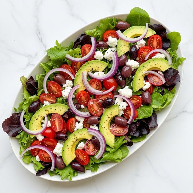 A fresh salad served on a white oval plate, layered with green and purple leafy lettuce forming the base. On top, there are halved red cherry tomatoes evenly spread, sliced pale green avocado pieces, and thin curved strips of purple onion scattered throughout. Small bits of white feta cheese and shiny black olives add texture and contrast, all resting on a white marbled texture background. photo taken with an iphone --ar 4:5 --v 7