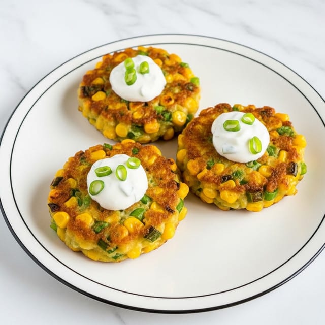 The image shows three round, golden corn fritters with a crispy texture on a white plate with a simple edged design. Each fritter has visible bits of corn and green onions inside, giving a speckled look of yellow and green. On top of each fritter is a dollop of white sour cream-like sauce with small green garnish pieces. The plate rests on a white marbled surface, adding a clean and bright background to the image. Photo taken with an iphone --ar 4:5 --v 7