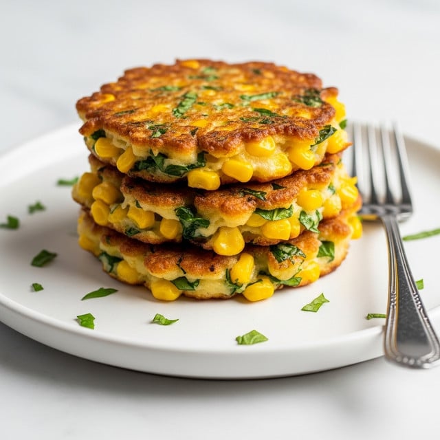 The image shows a stack of three golden corn fritters on a round white plate. Each fritter is thick, with a crispy brown edge and soft yellow corn pieces visible throughout. Small green herbs are mixed inside the fritters and scattered around the base on the plate. To the side of the plate, there is a silver fork resting on the white marbled surface. The lighting highlights the texture of the crispy fritters and the fresh herbs. Photo taken with an iphone --ar 4:5 --v 7