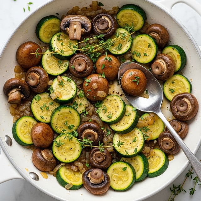 A close-up of a white pan filled with cooked mushrooms and sliced zucchini. The dish has whole and halved brown mushrooms with a slightly shiny surface from being sautéed. The zucchini is cut into half-moon shapes, showing a green skin and pale green inside. The vegetables are mixed with small bits of cooked onions and sprinkled with chopped green herbs, giving a fresh touch. A silver spoon is resting among the vegetables inside the pan. Small sprigs of thyme lay on top and around the pan, with a slight glaze of oil or sauce coating the ingredients. The cooking pan sits on a white marbled surface. photo taken with an iphone --ar 4:5 --v 7