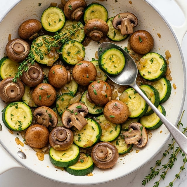 A close-up view of a cooked vegetable dish showing about two main layers: one layer of golden brown mushrooms, some whole and some sliced, with a glossy, slightly oily texture, and a second layer of bright green and yellow zucchini slices, cut into half-moons, mixed throughout. Small bits of finely chopped herbs like parsley are scattered on top, giving a fresh green contrast, and there is a shiny, light brown sauce coating the vegetables. A silver spoon is partly buried in the mixture, catching some of the juice. The background is a white marbled texture. photo taken with an iphone --ar 4:5 --v 7