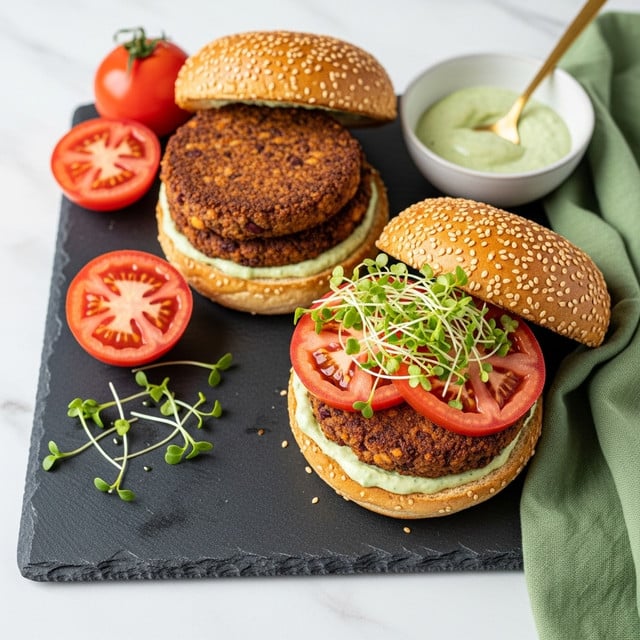 Two sesame seed burger buns are open and placed on a dark slate board over a white marbled surface. Each burger has three visible layers: the bottom bun spread with light green sauce, a round, dark brown crispy patty with a textured surface, and on one burger, two bright red tomato slices topped with fresh green sprouts. Halved tomatoes and a small bowl of the same light green sauce with a gold spoon resting on the board surround the burgers. A green cloth napkin is partially visible on the right side. photo taken with an iphone --ar 4:5 --v 7