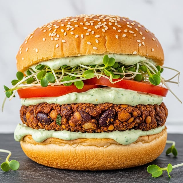A close-up view of a sandwich with a golden-brown sesame seed bun on top, sprinkled with light sesame seeds. Below the top bun is a layer of bright green sprouts, followed by slices of fresh red tomato. Under the tomato is a pale green creamy sauce spread thickly, sitting on a dark brown crispy veggie patty with visible bits of lentils and beans. The bottom bun is light golden with a smooth texture and has more green sauce spread on it. The sandwich rests on a dark gray stone surface with a few green sprouts scattered nearby, set against a white marbled background. photo taken with an iphone --ar 4:5 --v 7