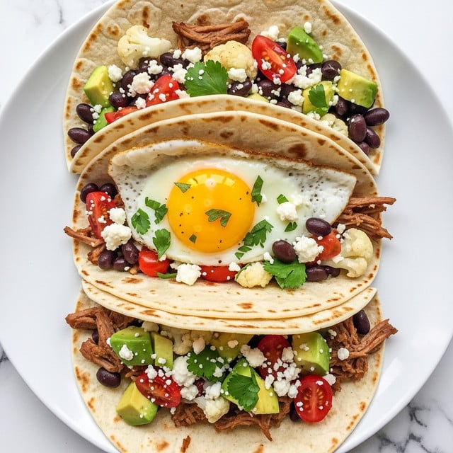 Breakfast Tacos with Shredded Beef, Eggs, and Fresh Toppings Recipe
