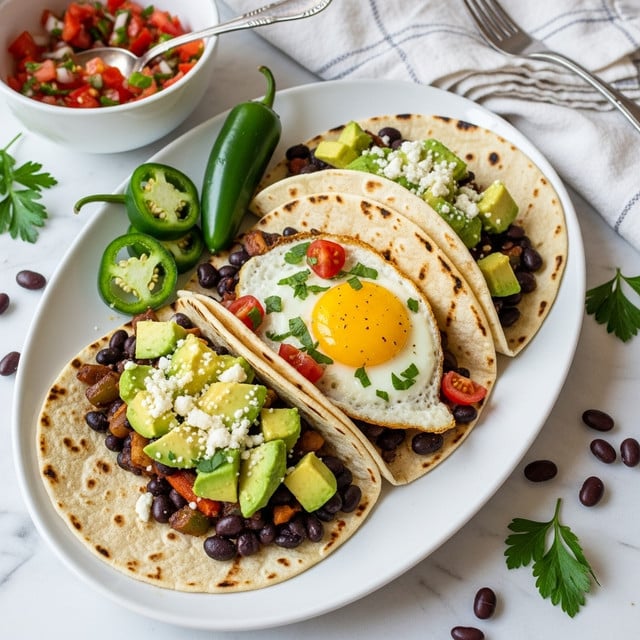 A white oval plate holds four soft tacos arranged in a slight arc on a white marbled surface. Each taco features a grilled tortilla wrapping colorful layers: a bottom layer of black beans and sautéed veggies, followed by chunks of green avocado, and sprinkled with white crumbled cheese. One taco stands out with a bright yellow fried egg in the center, topped with small pieces of red tomato and green herbs. To the side of the tacos are three sliced green jalapeños, more scattered black beans, and small parsley leaves. In the background, a white bowl of pico de gallo with a silver spoon and a folded white cloth napkin are partly visible. Photo taken with an iphone --ar 4:5 --v 7