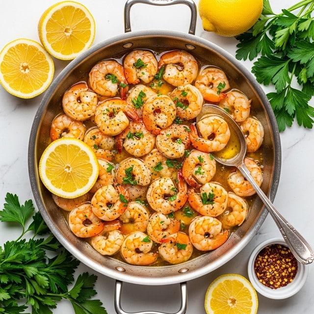 A shiny silver pan filled with a mix of cooked shrimp in a glossy yellow butter sauce, showing about two layers of shrimp, mostly orange and white with a slight sheen, sprinkled with small green herb pieces and black pepper. Two lemon wedges rest on the left side of the pan, while a silver spoon is partially submerged in the sauce on the right. Around the pan are fresh green parsley leaves, additional lemon wedges, and a small white bowl with red pepper flakes, all placed on a white marbled surface. photo taken with an iphone --ar 4:5 --v 7
