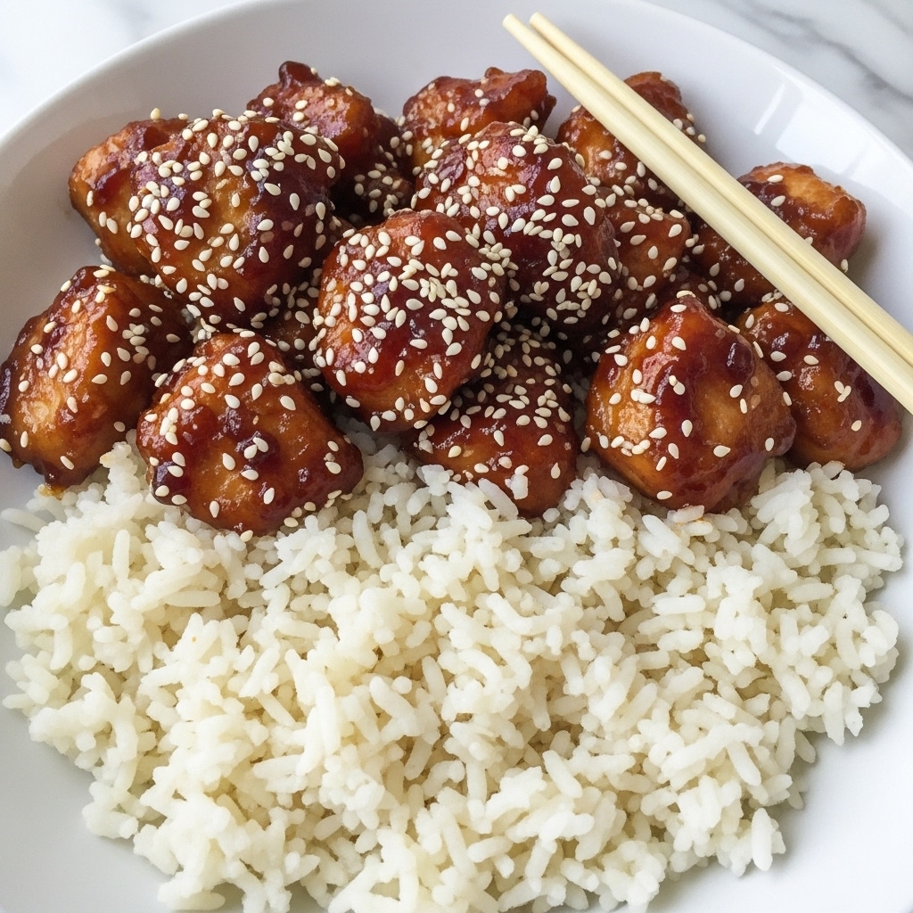 A close-up view of a white plate filled with two layers: the bottom layer is plain white rice with a grainy texture, while the top layer consists of pieces of chicken coated in a thick, shiny dark brown sauce with visible sesame seeds scattered across the chicken chunks. The chicken pieces are irregular in shape, with a glossy, sticky appearance. On the right side, a pair of wooden chopsticks are positioned diagonally, resting partly on the rice and partly under some chicken pieces, against a white marbled surface. Photo taken with an iphone --ar 4:5 --v 7