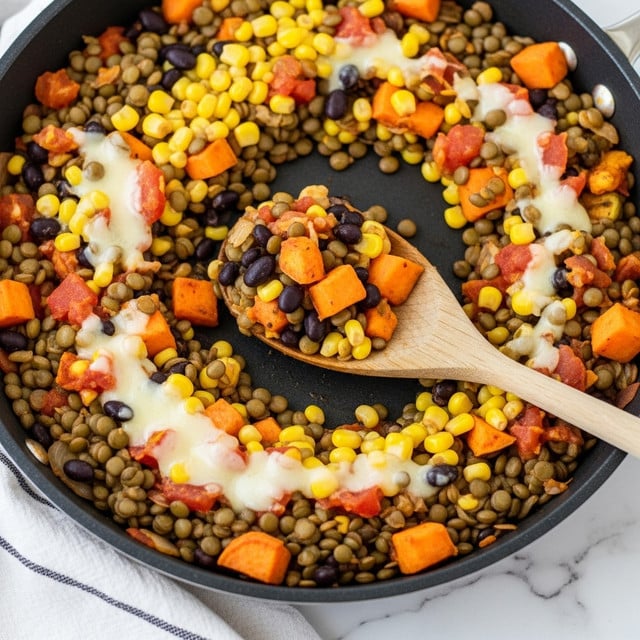 A white bowl filled with a colorful mix of stew-like ingredients sits on a white marbled surface with a grey and white striped cloth beside it. The dish has a base of brown lentils, black beans, yellow corn, and orange sweet potato cubes, all mixed in with diced red tomatoes and melted light yellow cheese on top. A silver spoon with an ornate handle rests inside the bowl on the right side. In the top right corner, there is a white bowl holding a few folded light beige tortillas. photo taken with an iphone --ar 4:5 --v 7