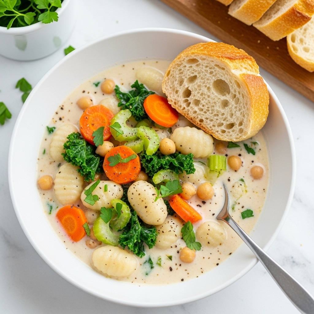 The image shows a white bowl filled with creamy gnocchi soup placed on a white marbled surface. Inside, there are soft, plump gnocchi pieces in a rich, smooth, white cream broth. Bright orange carrot slices and light green celery pieces are scattered throughout, along with small pale chickpeas. Fresh green parsley leaves and a sprinkle of black pepper float on top, adding a fresh color contrast. A few strands of shredded pale cheese sit near the edge, and a silver spoon rests partially inside the bowl. Photo taken with an iphone --ar 4:5 --v 7