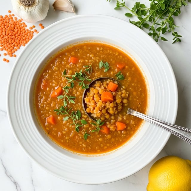 The image shows a thick soup served in a white bowl with a wide rim. The soup is a warm orange color with visible chunks of orange carrots and small soft bits of lentils or grains, giving it a grainy texture. Scattered green herb leaves, likely thyme, float on top for a fresh contrast. A silver ladle with detailed patterns is partly submerged on the right side, scooping some of the soup. The bowl rests on a white marbled surface with scattered dry orange lentils and a garlic clove near the top left, and sprigs of fresh green herbs on the top right. A whole lemon appears at the bottom right corner. Photo taken with an iphone --ar 4:5 --v 7