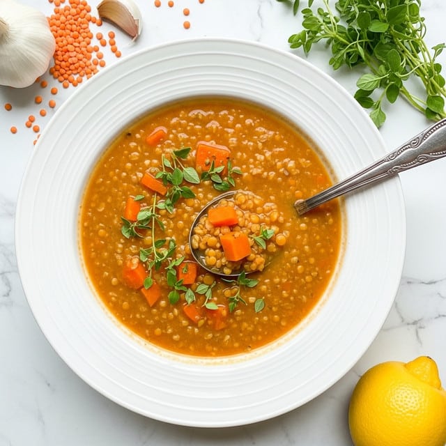 A thick orange lentil soup served in a white bowl showing a creamy, textured consistency with visible small chunks of cooked lentils and carrot pieces scattered throughout. The soup is garnished with fresh green sprigs of thyme on top, adding a pop of color and visual freshness. A silver ladle with intricate handle details is partially submerged in the soup, lifting some of the lentil mixture. The bowl sits on a white marbled surface, surrounded by loose orange lentils and a garlic clove in the background, enhancing the natural and hearty feel of the dish. photo taken with an iphone --ar 4:5 --v 7