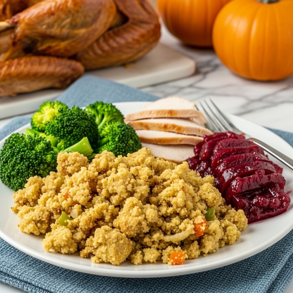 A white plate holds a meal with four main parts: in the front, there is a large mound of light golden-brown stuffing with a crumbly texture, mixed with small bits of orange and green. Behind the stuffing to the left, bright green steamed broccoli florets add a fresh, rough texture. Next to the broccoli, pale sliced turkey meat with a smooth texture is stacked in a small pile. On the right side, neatly arranged dark red, shiny slices of gelatinous cranberry sauce add a smooth and glossy contrast. The plate sits on a textured blue cloth, with a whole roasted brown turkey and pumpkin blurred in the warm background on a white marbled surface. A silver fork rests near the edge of the plate. Photo taken with an iphone --ar 4:5 --v 7