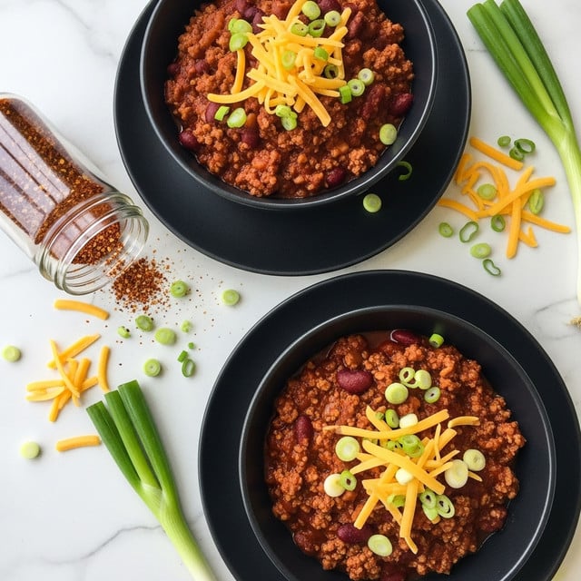 Two dark bowls filled with rich, thick chili made of ground meat, red kidney beans, and a deep red sauce are placed on black plates. Each bowl is topped with thin yellow shredded cheese and chopped bright green spring onions scattered on top and around the bowls. The scene includes a spilled clear jar with red spices and more shredded cheese and green onions scattered on a white marbled surface. Photo taken with an iphone --ar 4:5 --v 7