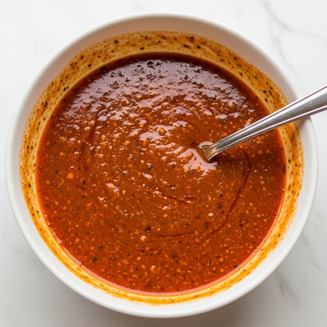 A white bowl filled with a rich, deep orange-red sauce that appears thick and oily on the surface, with visible specks of spices and herbs mixed throughout. The sauce reaches close to the rim of the bowl, and there is some sauce residue on the inner sides. A silver spoon is partially submerged on the right side of the bowl, resting inside. The bowl sits on a white marbled surface. photo taken with an iphone --ar 4:5 --v 7