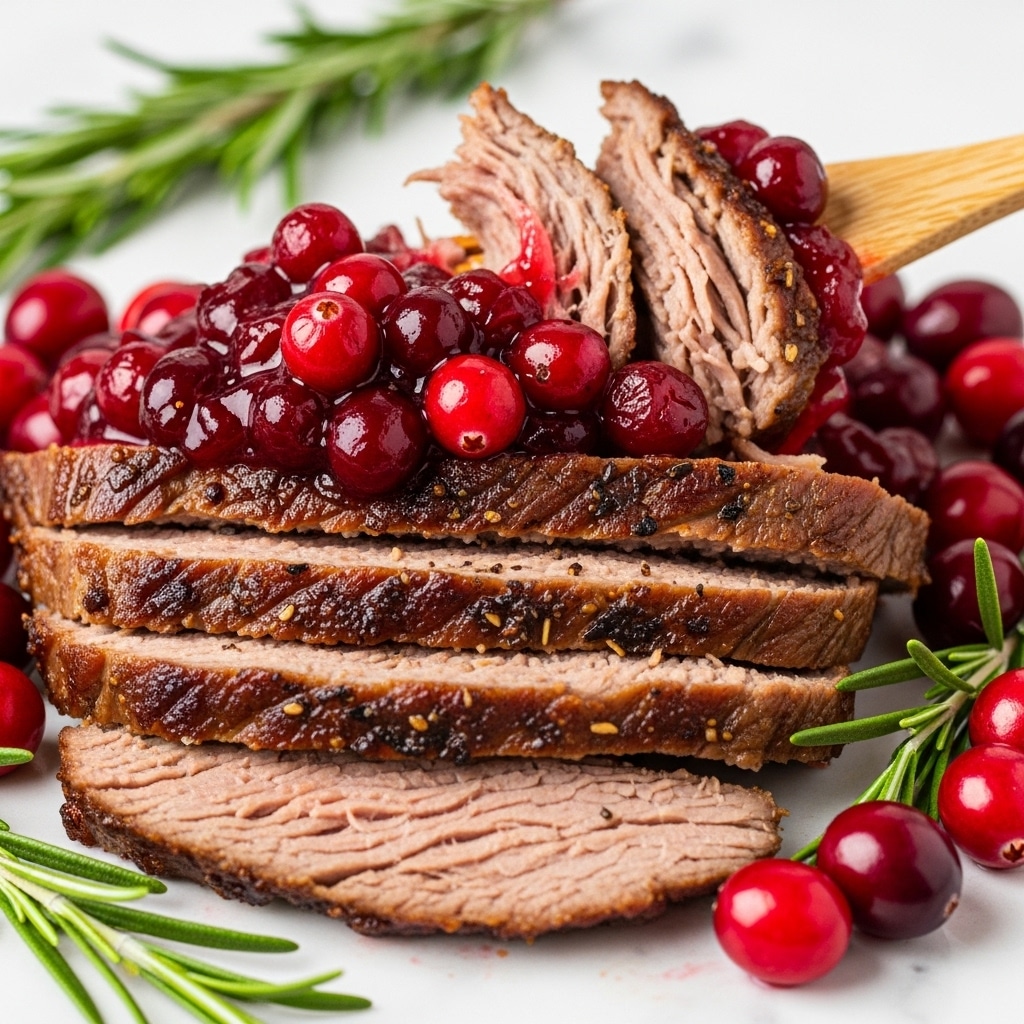A close-up image of several thin slices of cooked meat layered on top of each other, showing a brown, slightly crispy outer edge and tender, juicy inside. On top of the meat is a thick, glossy layer of deep red cranberry sauce with whole cranberries visible throughout. Bright red cranberries and green rosemary sprigs surround the meat, adding color and contrast. A light brown wooden utensil lifts a bite of the meat and sauce, highlighting the texture of the juicy meat strands and shiny sauce. The scene is set on a white marbled surface. Photo taken with an iphone --ar 4:5 --v 7