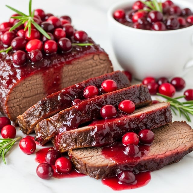 A close-up view of slow cooker cranberry brisket displayed on a white marbled surface, featuring four slices of tender brown meat layered with a glossy, deep red cranberry sauce. The slices are arranged in a slightly overlapping way, with the sauce generously dripping over them. To the side, there is a thicker piece of brisket topped with fresh bright red cranberries and green rosemary sprigs, adding color contrast. A white cup filled with more cranberry sauce sits in the background, with loose cranberries scattered around the scene. photo taken with an iphone --ar 4:5 --v 7