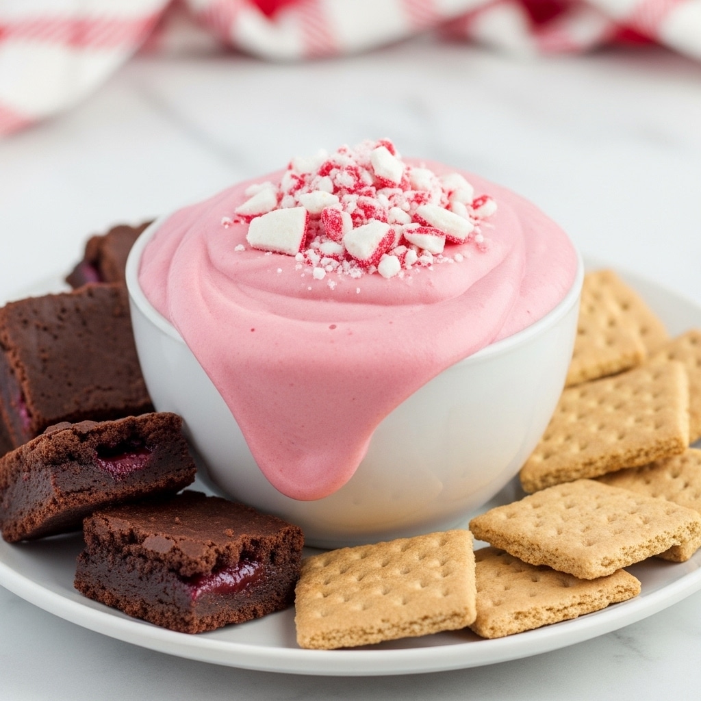 The image shows a white cup filled with thick, smooth pink mousse, slightly overflowing the edges. On top of the mousse, there is a small pile of white and red crushed candy pieces, adding texture and contrast. The cup sits on a white plate, surrounded by light brown graham crackers on one side and dark chocolate brownie squares with a red filling on the other side. The background is a white marbled surface with a blurred red and white cloth in the back. Photo taken with an iphone --ar 4:5 --v 7