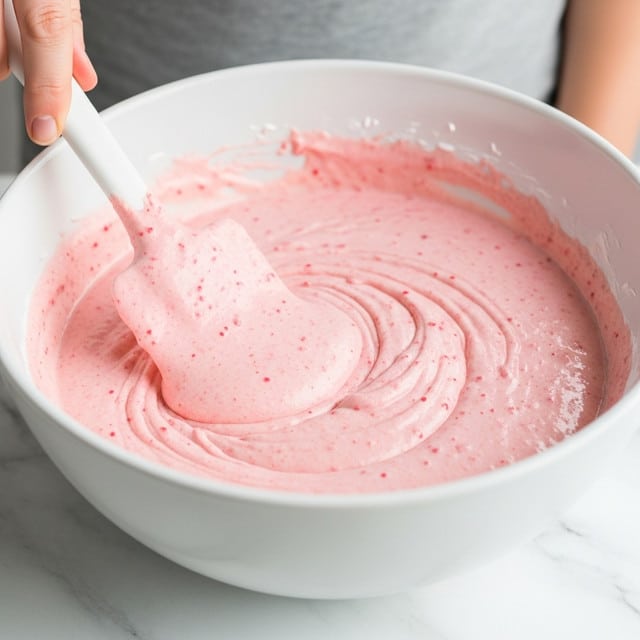 A close-up view of a large white bowl filled with smooth, light pink batter speckled with tiny red dots, showing a creamy and thick texture. A white spatula is partially submerged in the batter, coated with the same pink mixture, held by a woman's hand that is mostly out of the frame. The bowl rests on a white marbled surface, emphasizing the soft pastel color and rich texture of the batter inside photo taken with an iphone --ar 4:5 --v 7
