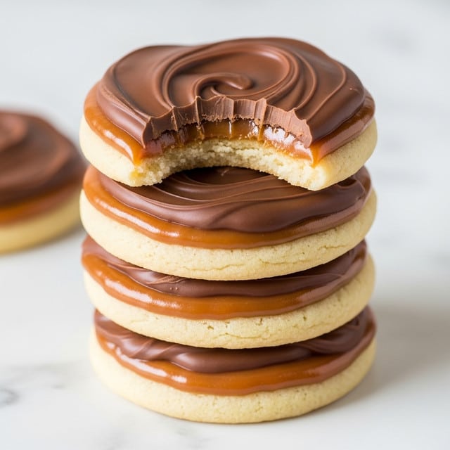 A stack of four round cookies is shown on a white marbled textured surface, each cookie topped with a smooth layer of shiny amber caramel and a thick swirl of milk chocolate on top. The top cookie has a bite taken out, revealing the soft, pale yellow cookie base beneath the caramel and chocolate layers. The caramel looks glossy and slightly sticky, while the chocolate has a smooth, velvety texture. The cookies are light and soft in texture, with clean, even edges and a gentle thickness. Photo taken with an iphone --ar 4:5 --v 7